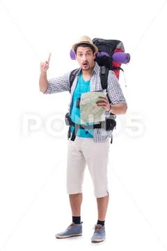 Man lost and looking for direction with map on white Stock Photos