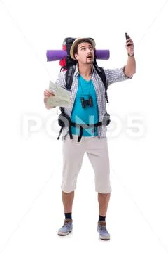 Man lost and looking for direction with map on white Stock Photos