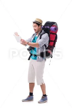 Man lost and looking for direction with map on white Stock Photos