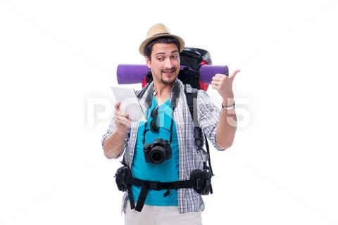 Man lost and looking for direction with map on white Stock Photos