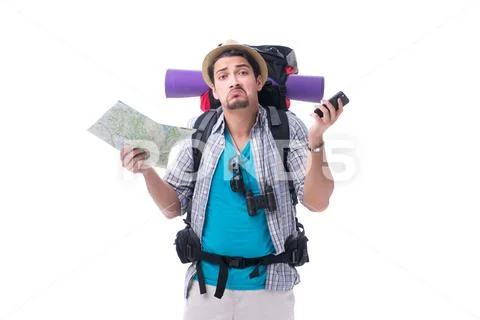 Man lost and looking for direction with map on white Stock Photos