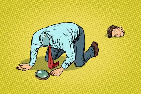 The man lost his head. Looking with a magnifying glass Stock Illustration