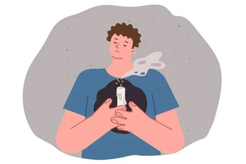 Man lost hope and grieving, feeling devastation, holding extinguished candle in Stock Illustration
