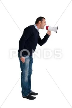 Man with loudhailer isolated on white Stock Photos
