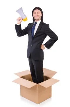 Man with loudspeaker in the box Stockfoto's