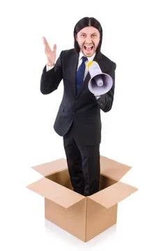 Man with loudspeaker in the box 스톡 사진