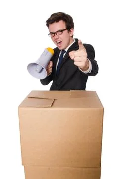 Man with loudspeaker in the box Stockfoto's