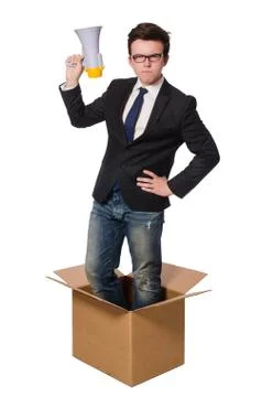 Man with loudspeaker in the box Stockfoto's