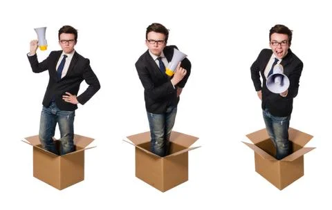 Man with loudspeaker in the box Stock Photos