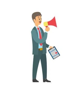 Man with Loudspeaker, Folder with Paper Document Stock Illustration