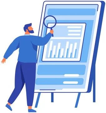 Man with loupe looking for information in text document. Symbol of startup Stockillustratie
