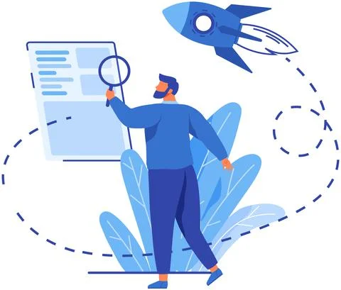 Man with loupe looking for information in text document. Rocket as symbol of Illustrazione stock