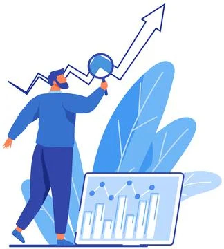 Man with loupe looking for information in text document. Symbol of startup Stock Illustration