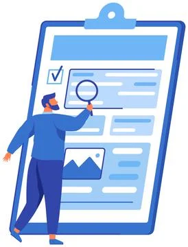 Man with loupe looking for information in text document. Symbol of startup Illustrazione stock