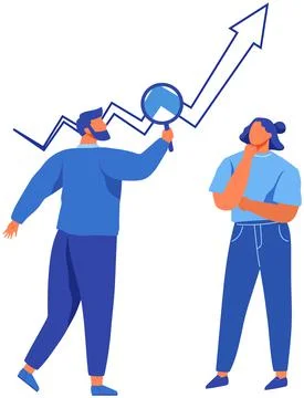 Man with loupe looking for information in text document. Symbol of startup Illustrazione stock