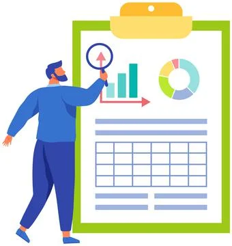 Man with loupe looking for information in text document. Symbol of startup Illustrazione stock
