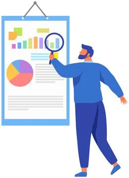Man with loupe looking for information in text document. Symbol of startup Stockillustratie