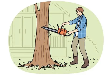 Man lumberjack uses chainsaw to get rid of old, diseased tree growing near house Stock Illustration