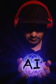 Man with a luminous artificial intelligence sphere in his hands Stock Photos