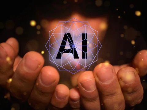 Man with a luminous artificial intelligence sphere in his hands Stock Photos