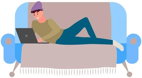 Man is lying and using laptop to chat. Guy spends time at computer for Illustrazione stock