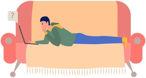 Man is lying and using laptop to chat. Guy spends time at computer for イラスト素材