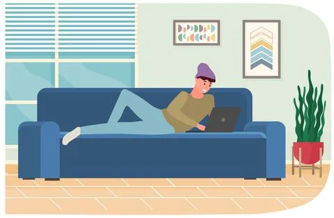 Man is lying and using laptop to chat. Guy spends time at computer for Illustrazione stock