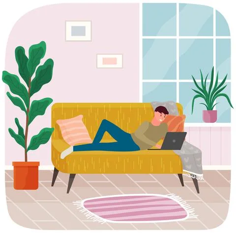 Man is lying and using laptop to chat. Guy spends time at computer for Stock Illustration