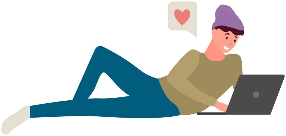 Man is lying and using laptop to chat. Guy spends time at computer for Illustrazione stock
