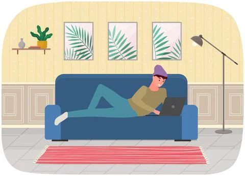 Man is lying and using laptop to chat. Guy spends time at computer for 스톡 일러스트