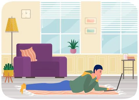 Man is lying and using laptop to chat. Guy spends time at computer for Stock Illustration