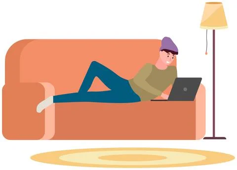 Man is lying and using laptop to chat. Guy spends time at computer for Stock Illustration