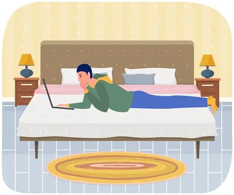 Man is lying and using laptop to chat. Guy spends time at computer for 스톡 일러스트