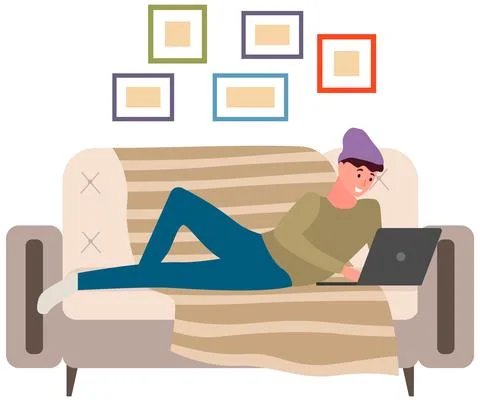 Man is lying and using laptop to chat. Guy spends time at computer for Stock Illustration