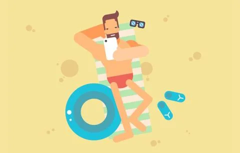 Man lying on the beach with smartphone Illustrazione stock