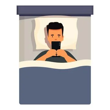 Man lying in bed at night using smartphone before sleeping Illustrazione stock