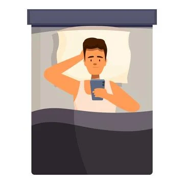 Man lying in bed at night using smartphone Stock Illustration