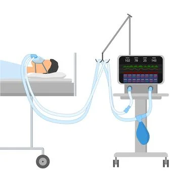A man lying on the bed with Sleeping Apnea and CPAP. On the face oxygen mask Illustrazione stock