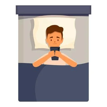Man lying in bed using smartphone late at night Stock Illustration