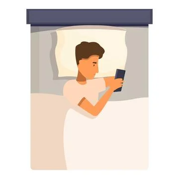 Man lying in bed using smartphone late at night Stock Illustration