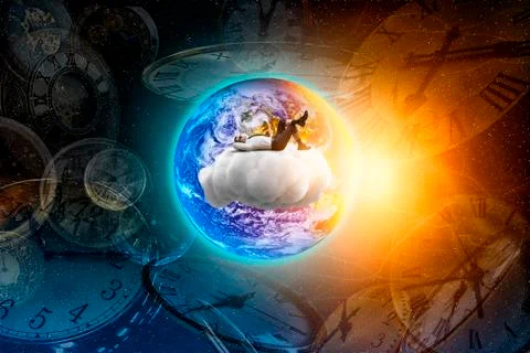 Man lying on a cloud against the backdrop of the earth Foto stock