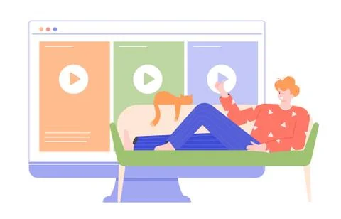 Man is lying on the couch and watching movies 库存插图
