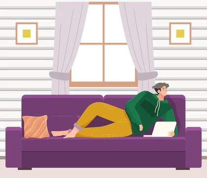 Man lying on couch with computer. Guy holding laptop, studying remotely and イラスト素材