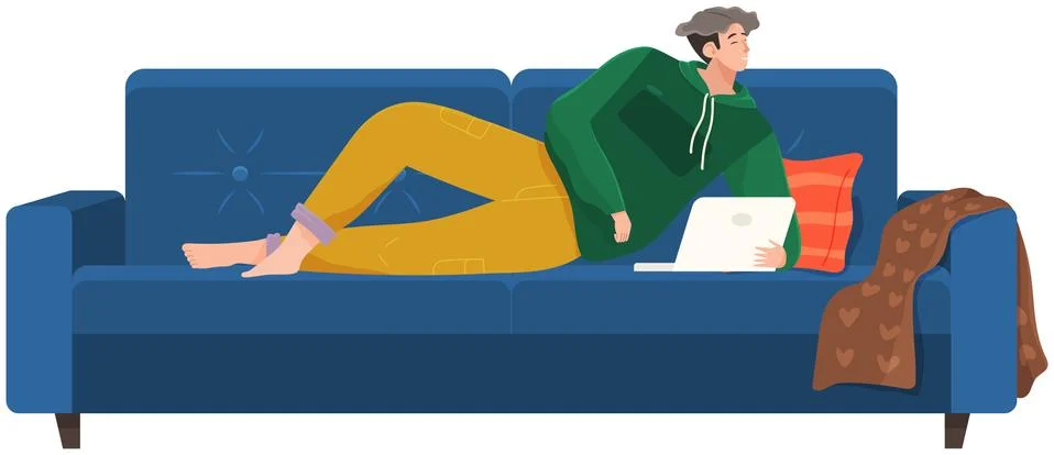Man lying on couch with computer, holding laptop and correspondence surfing in Stock Illustration