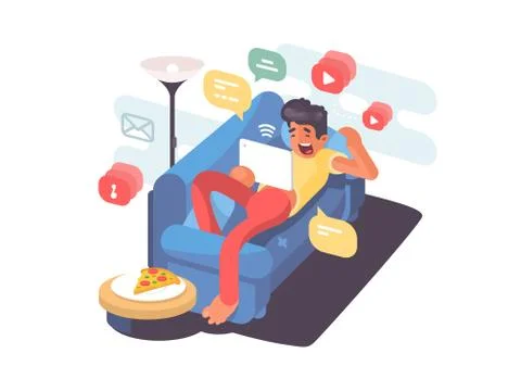 Man lying on couch with tablet Stock Illustration
