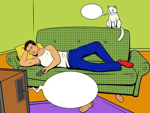 Man lying on couch watching TV comic book style Stock Illustration