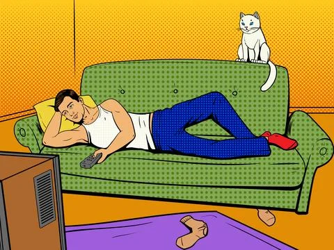 Man lying on couch watching TV comic book style Stock Illustration