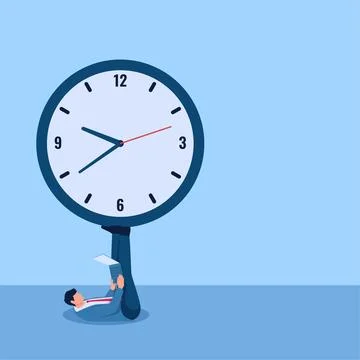 Man lying down holding a big clock on his feet and working on a laptop, ill.. Stock Illustration