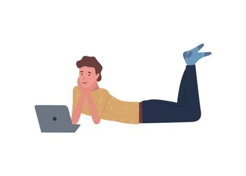 Man Lying on Floor and Watching Film on Notebook Illustrazione stock