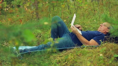 A man is lying on the grass in the park and working with a laptop. 库存影片 95808413